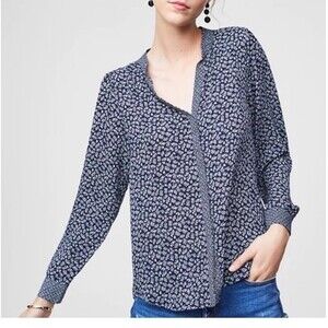 LOFT Blue & White Floral Split Neck Utility Blouse Size M
